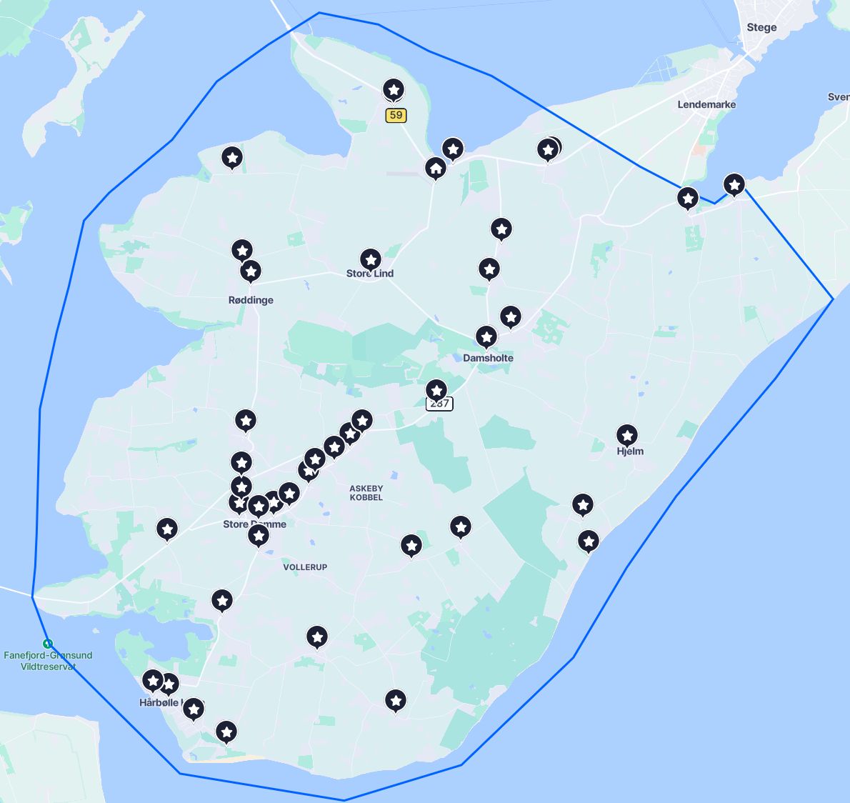 Oversigtskort over stoppesteder for Vestmøn Nærbus